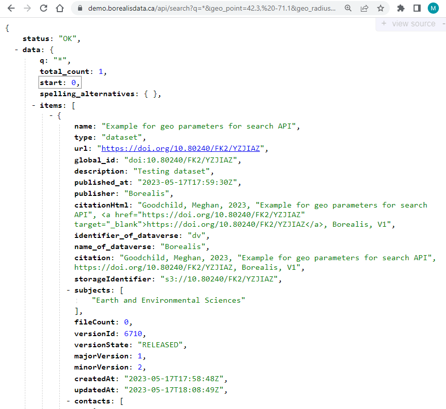 Screenshot of JSON output of the API command