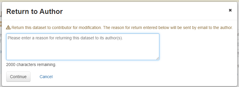 Screenshot of the popup menu “Return to Author” with a field to enter a reason for returning the dataset to its author(s).