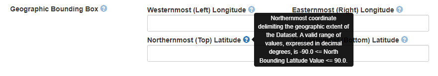 Screenshot of the Geographic Bounding Box metadata fields with the Southernmost (Bottom) Latitude tooltip visible.