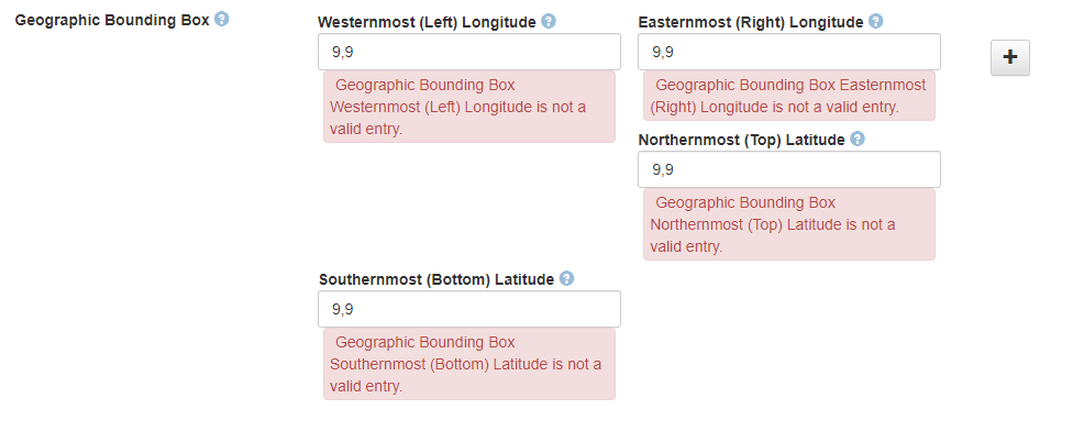 Validation errors when users enter invalid metadata in the Geographic Bounding Box fields.