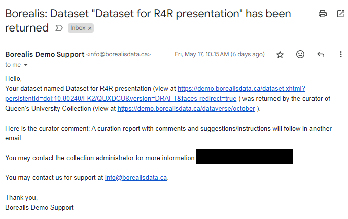 Screenshot of a sample email sent to the dataset author with the reviewer comment highlighted.