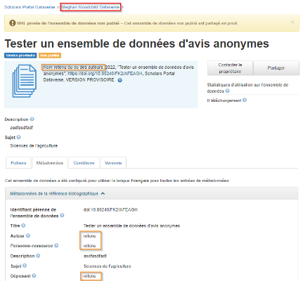 Un exemple d'ensemble de données anonymisé. Le nom de la collection Dataverse (Meghan Goodchild Dataverse) est mis en surbrillance, ainsi que les champs de métadonnées masqués (nom de l'auteur, de la personne-ressource et du déposant).