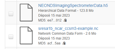 Liste de fichiers avec les fichiers HDF et NetCDF détectés.