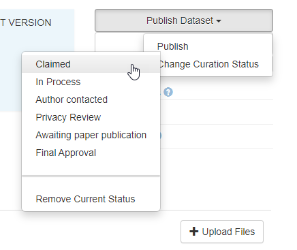 Options under the Publish Dataset button for Change Curation Status. The Claimed status option is selected, and shows five other options, In Process, Author contacted, Privacy Review, Awaiting paper publication, and Final Approval.