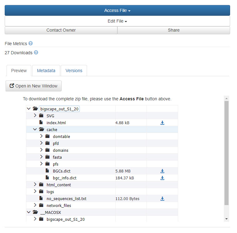 Screenshot of the ZIP previewer, showing the file hierarchy and the download symbol for individual files.