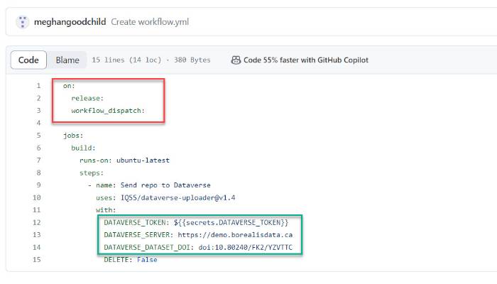 Screenshot of the YML file in a GitHub repository with the action set to release and manually and API token included as secret variable.