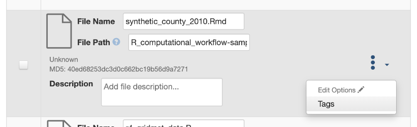 Screenshot of the file metadata showing the edit options menu open for Tags.