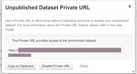 The Unpublished Dataset Private URL interface, showing a hidden private URL that provides access to the anonymized dataset.