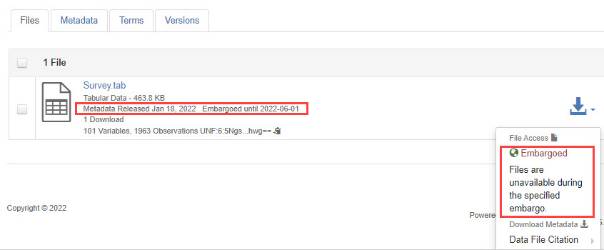 A list of files in a dataset. The date that the metadata was released and that it is embargoed until is highlighted. The download icon has been clicked, and shows that the file is unavailable due to embargo.