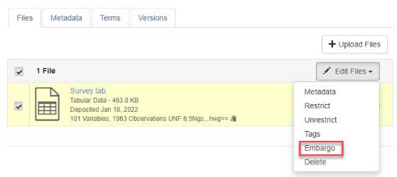 File metadata showing the date metadata released and date of embargo. Under the download icon, shows the file is unavailable during the embargo.