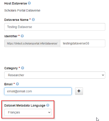 The Editing interface for a Dataverse collection. The field for Dataset Metadata Language is highlighted and has been set to Français.