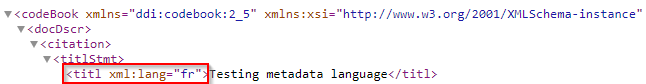 XML metadata using the DDI format. The highlighted XML element shows the French language tag.