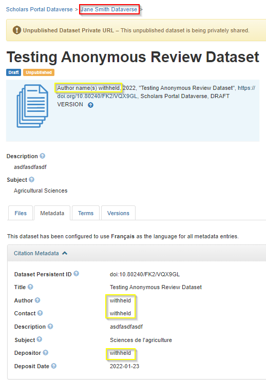 An example of an anonymized dataset. The name of the Dataverse collection (Jane Smith Dataverse) is highlighted, as well as withheld metadata fields (Author name, Contact, and Depositor).