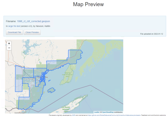 A map preview for a GeoJSON file. The map shows census tracts in the Thunder Bay region in Ontario, Canada.