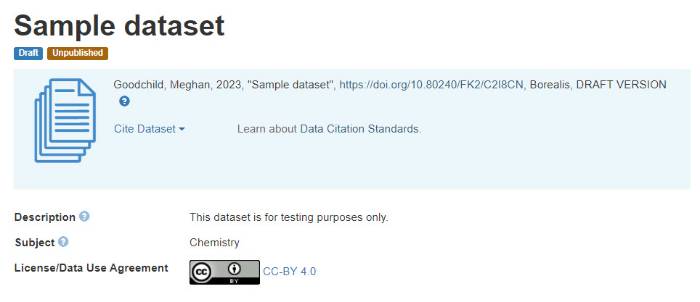 Dataset page titled Sample Dataset with data citation and CC-BY 4.0 license