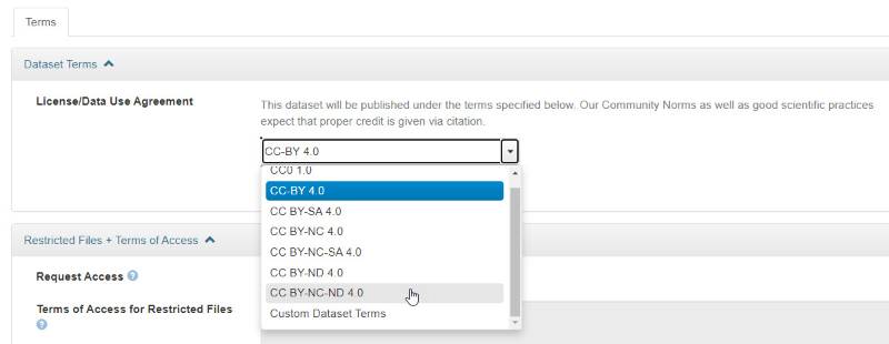 Drop-down menu for Licenses and Data Use Agreement under Dataset Terms.