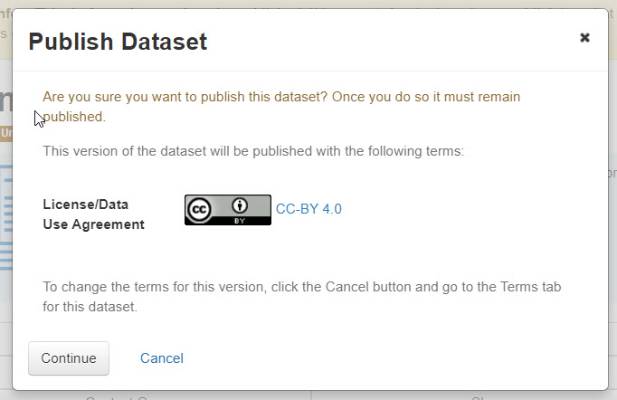 Publish Dataset pop up window to confirm license.