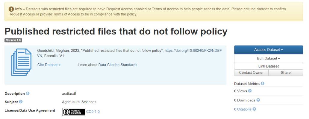 Info message on the top of the Dataset page when restricted files do not follow policy.