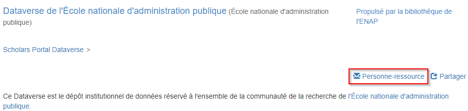 un exemple de page de collection institutionnelle avec le lien Personne-ressource mis en évidence par un encadré rouge.